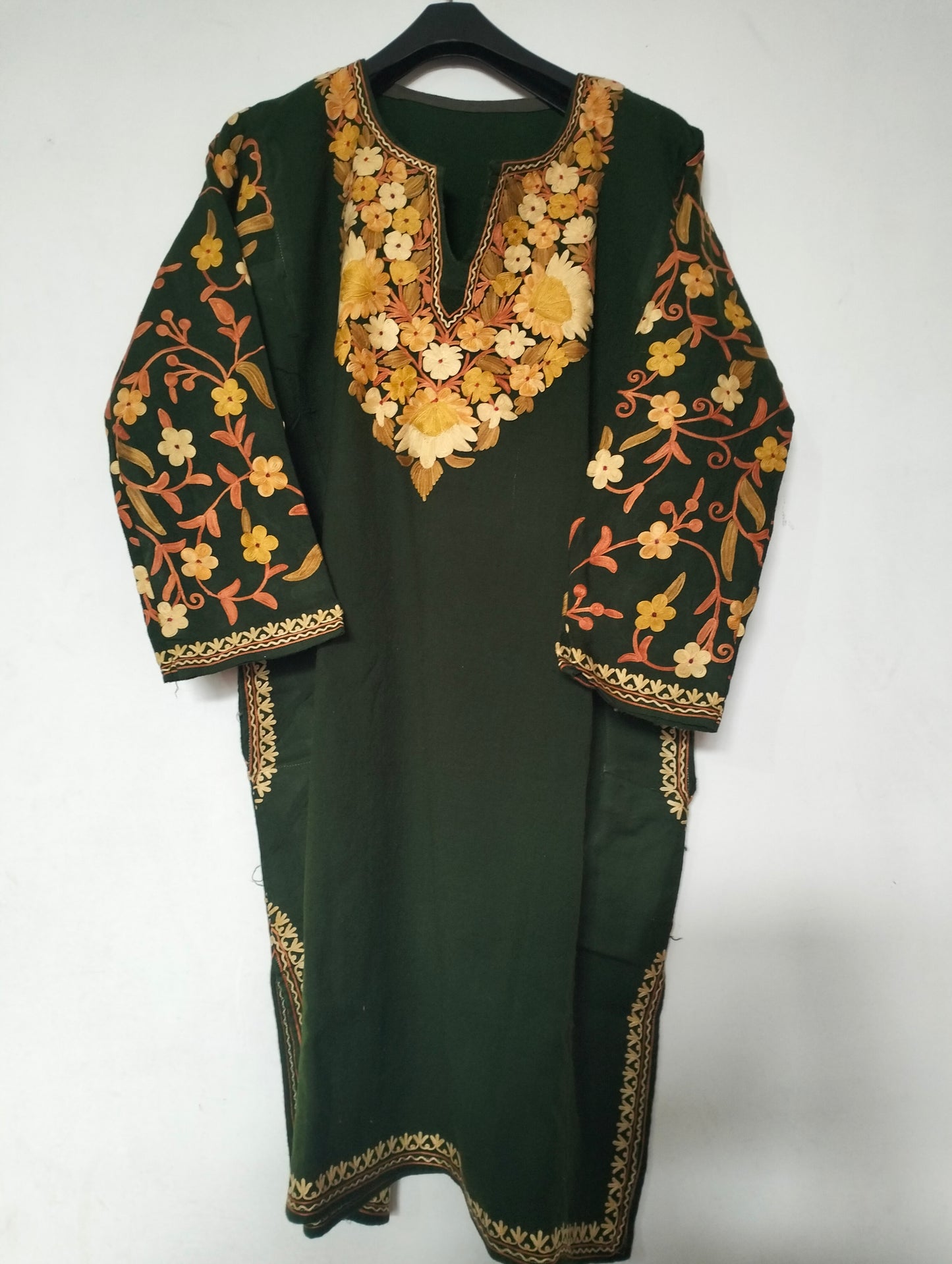 Bottle Green Aari work embroidered Pure Raffal Pheran