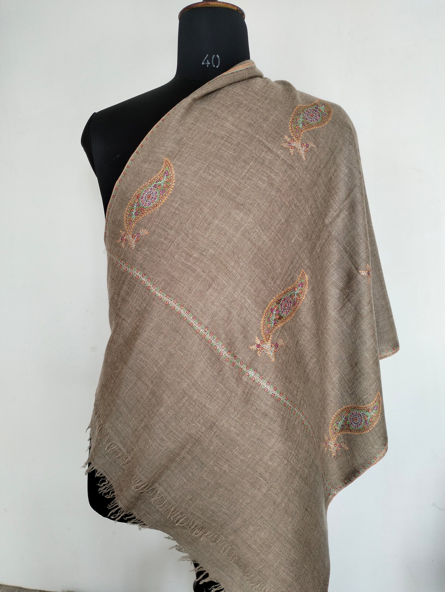 Handcrafted exclusive 100% pure kashmir pashmina Grey color shawl in paisley embroidery,luxurious cashmere,anniversary gift, Mother's gift