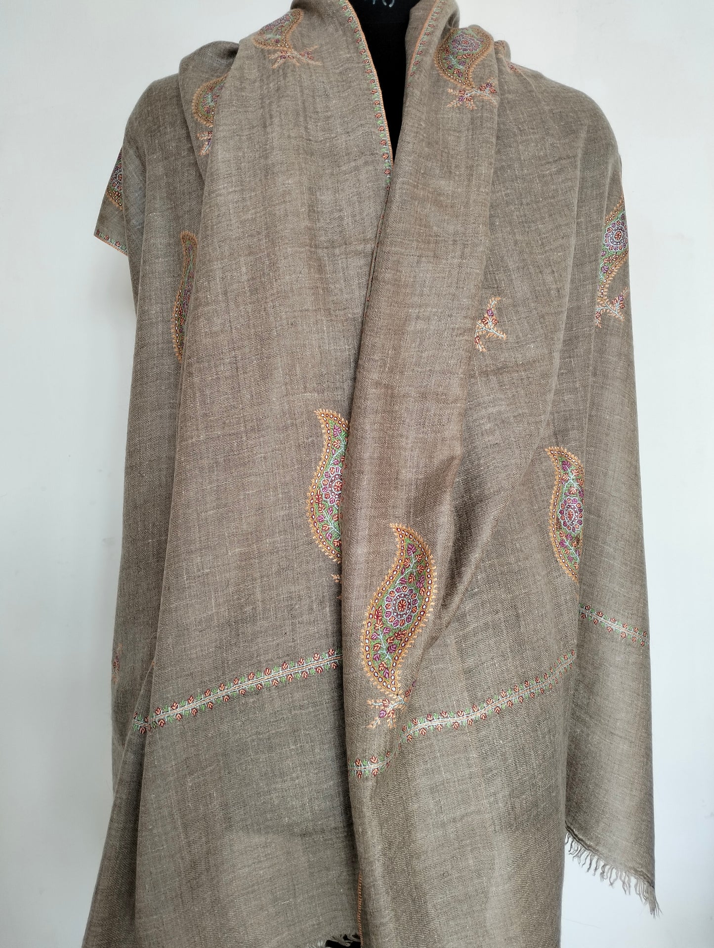 Handcrafted exclusive 100% pure kashmir pashmina Grey color shawl in paisley embroidery,luxurious cashmere,anniversary gift, Mother's gift