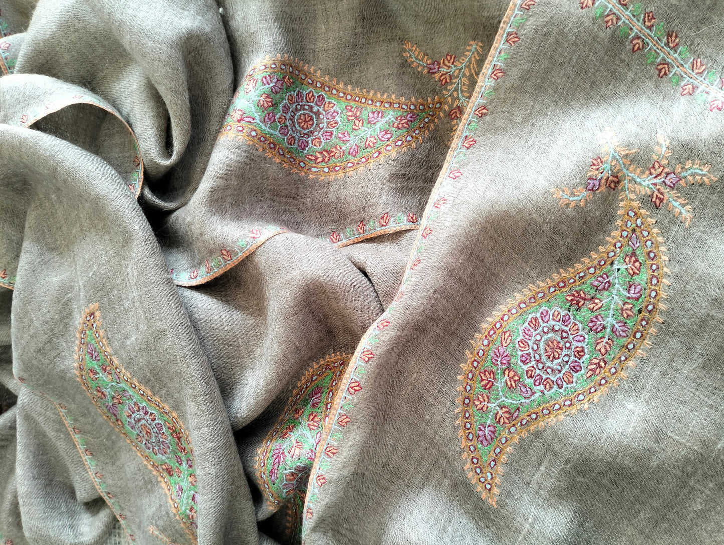 Handcrafted exclusive 100% pure kashmir pashmina Grey color shawl in paisley embroidery,luxurious cashmere,anniversary gift, Mother's gift