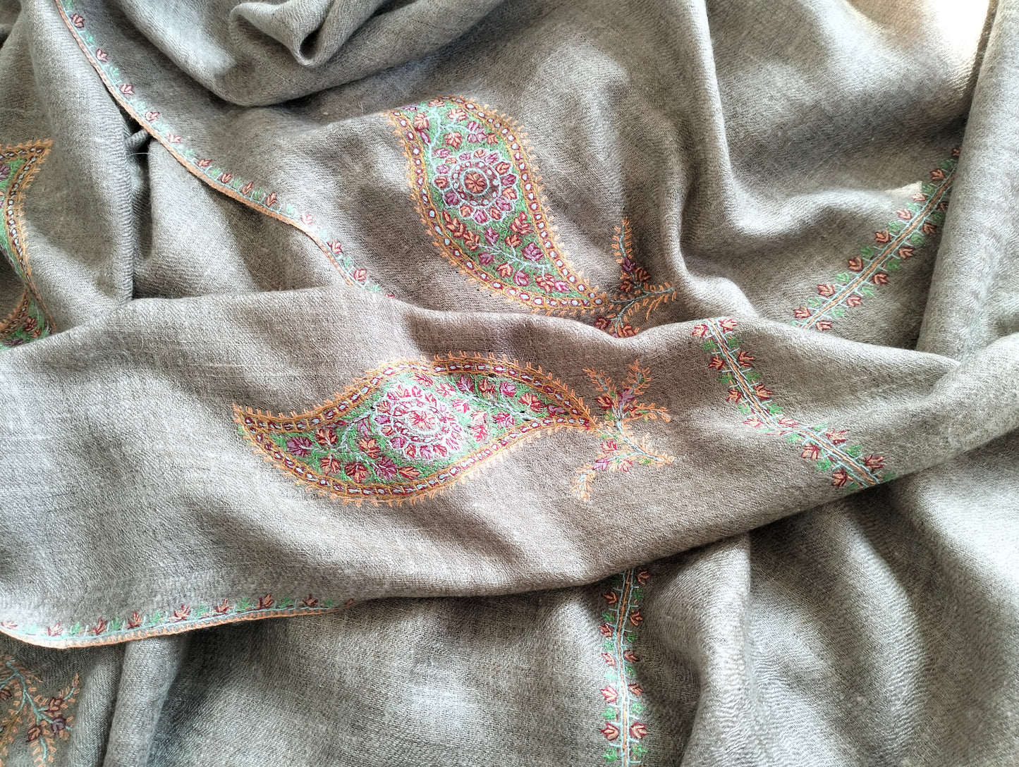 Handcrafted exclusive 100% pure kashmir pashmina Grey color shawl in paisley embroidery,luxurious cashmere,anniversary gift, Mother's gift
