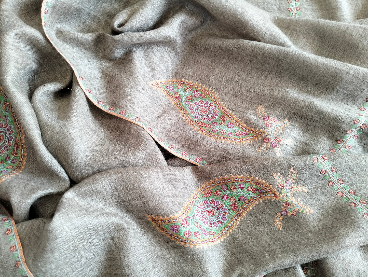 Handcrafted exclusive 100% pure kashmir pashmina Grey color shawl in paisley embroidery,luxurious cashmere,anniversary gift, Mother's gift