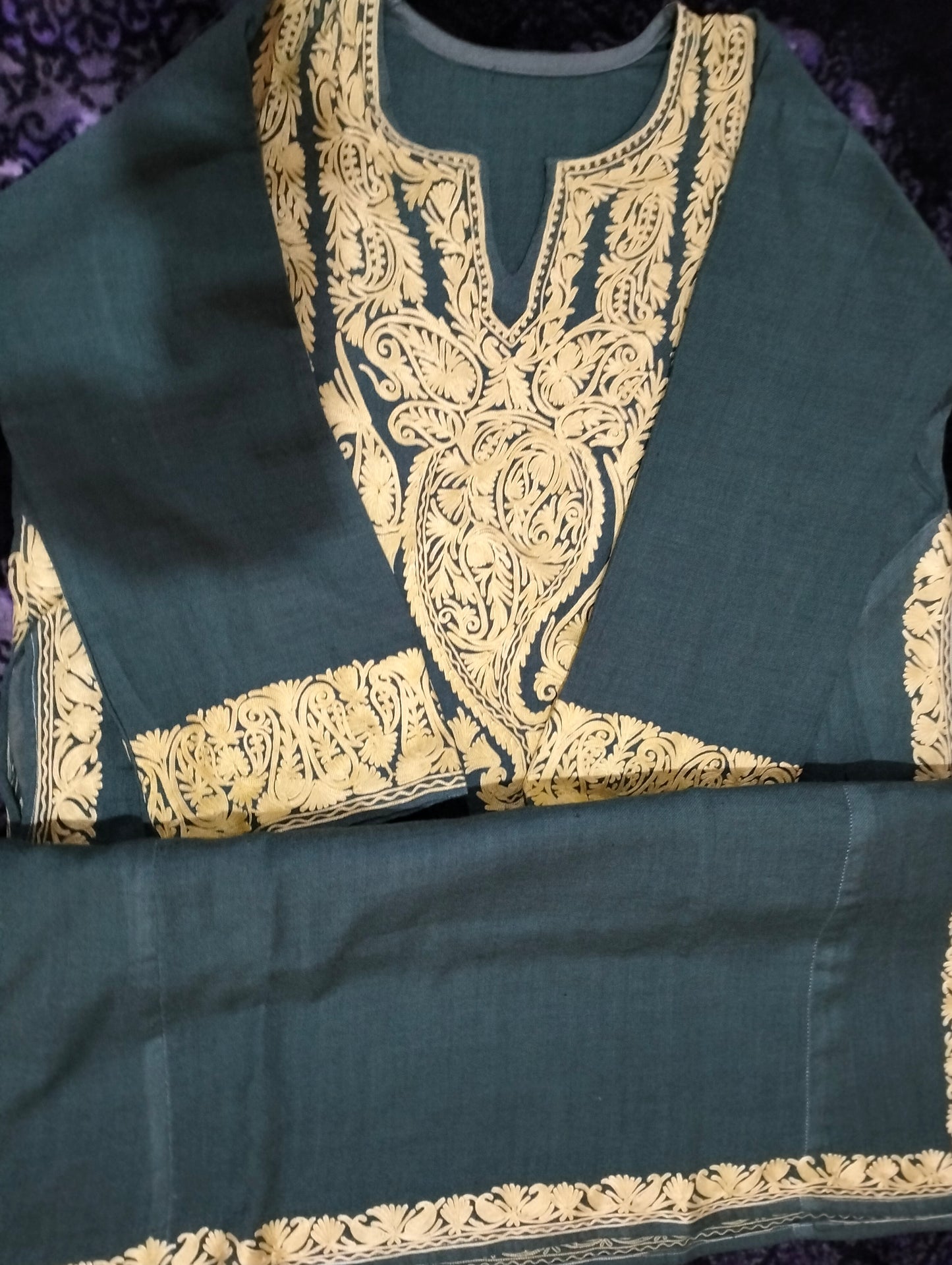 Khaki Green Aari work embroidered Pure Raffal Pheran
