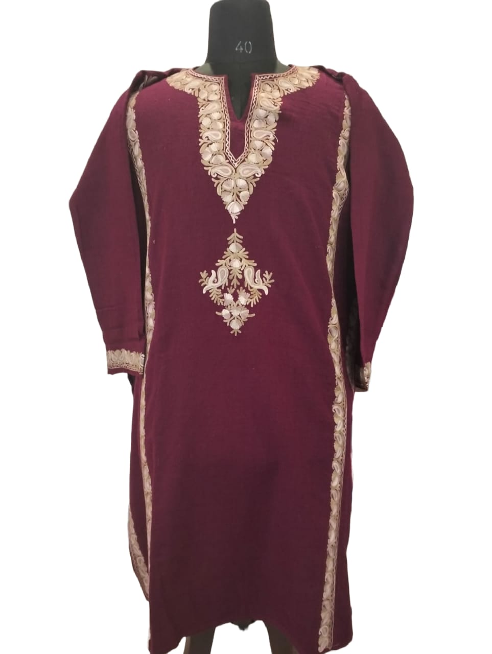 Burgundy Aari work embroidered Pure Raffal Pheran
