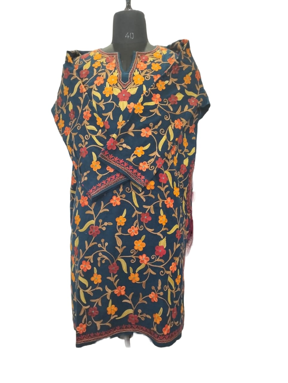 Turquoise full Aari work floral embroidered Pure Raffal Pheran