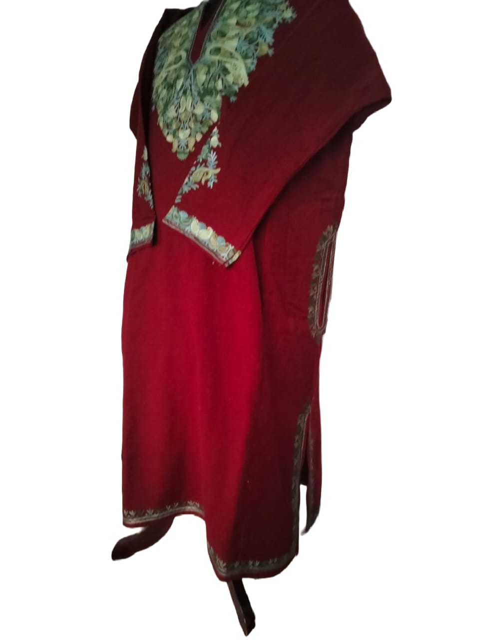 Red Aari work embroidered Pure Raffal Pheran