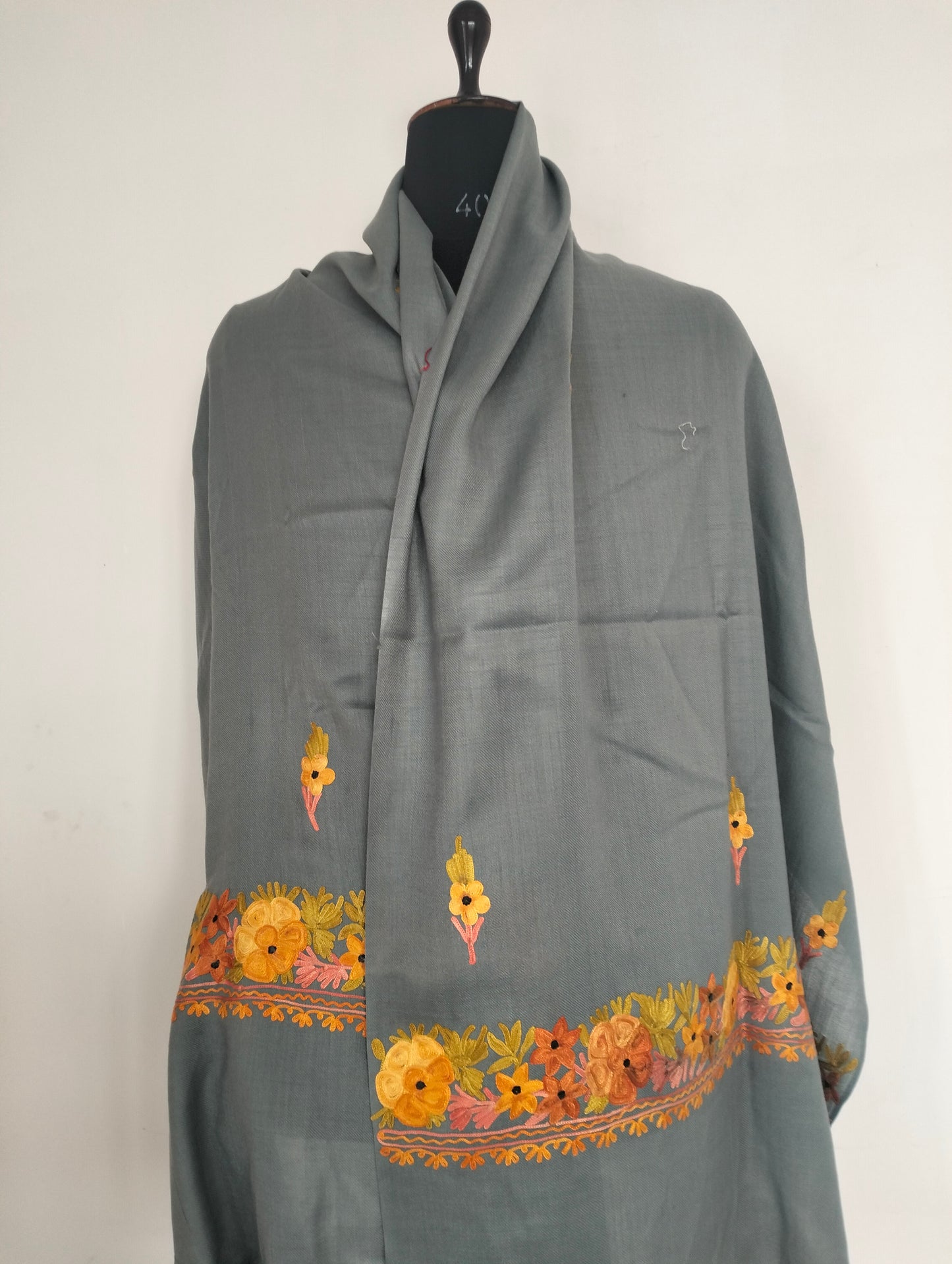 Light Grey pure woolen aari Embroidered stole