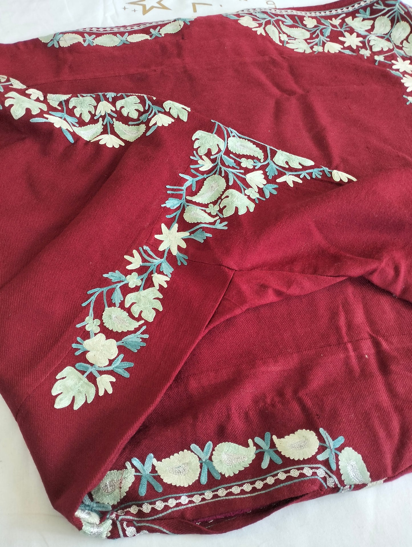 Maroon red full Aari work floral embroidered Pure Raffal Pheran