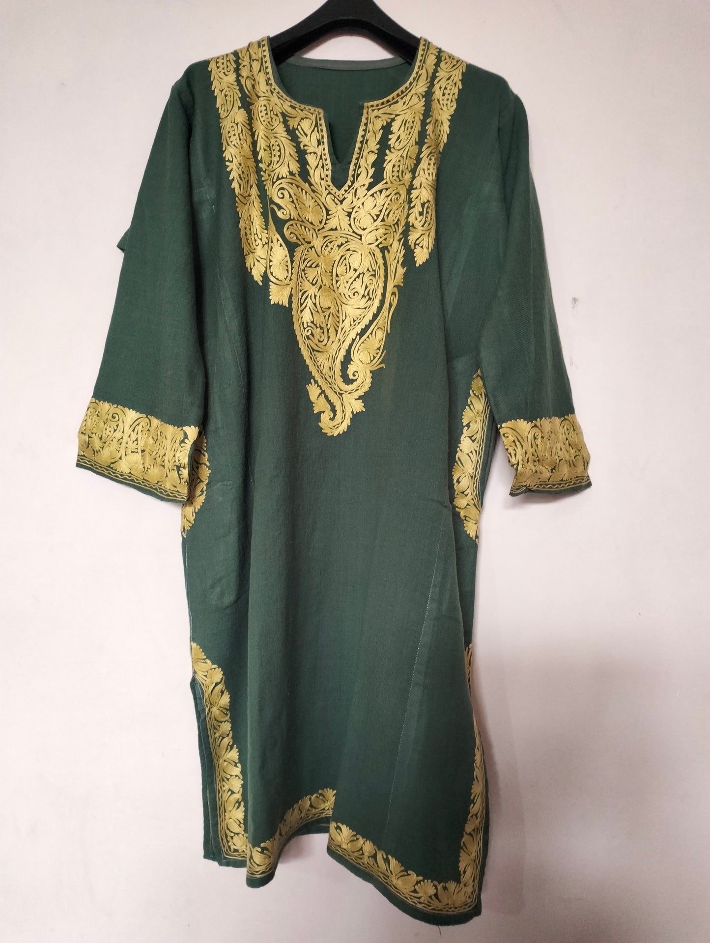 Khaki Green Aari work embroidered Pure Raffal Pheran