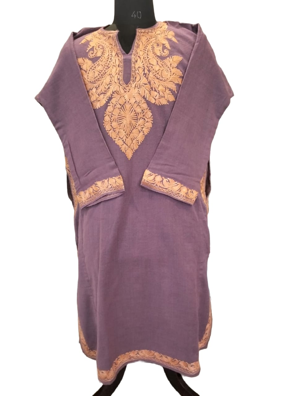 Light purple Aari work embroidered Pure Raffal Pheran