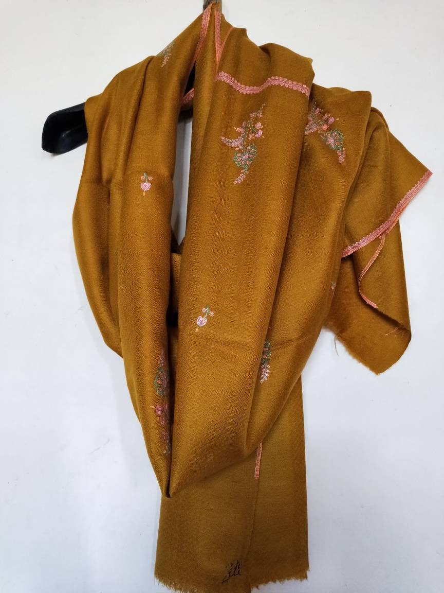 Fit-and-flare oversized heirloom floral motifs on a mustard cashmere wrap, any occasion outfit, Thanksgiving, christmas wrap 105 x 205 cm