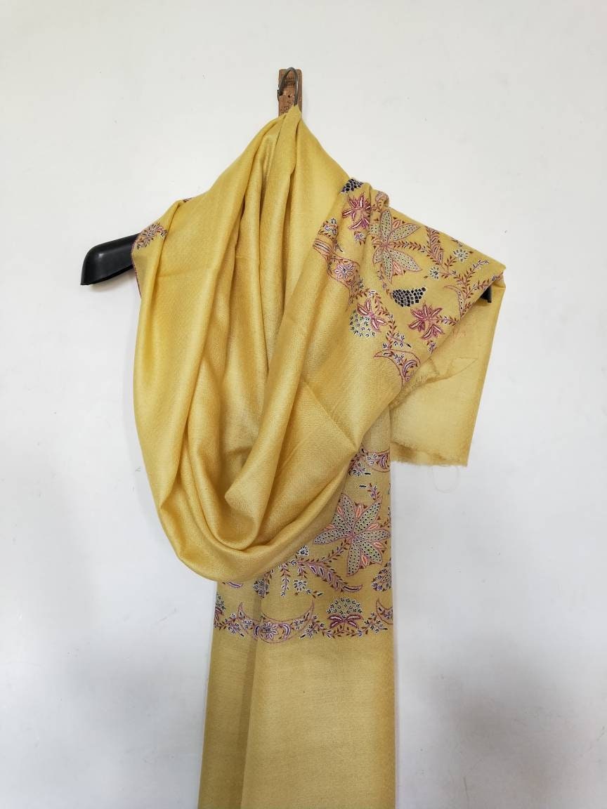 Handmade and Handcrafted 100% pure kashmir pashmina lime yellow Palla embroidery shawl, Bridesmaid gift, anniversary gift,