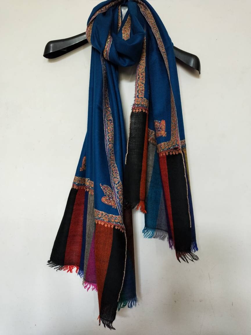 Handmade and Hand embroidered 100% pure torquoise with multi color Border kashmir pashmina hashidar shawl