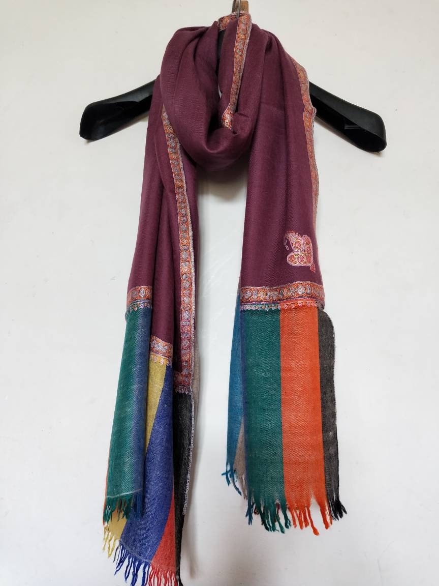 Handmade and hand embroidered 100% pure Kashmir pashmina hashidar shawl with multicolor border, meditation shawl,