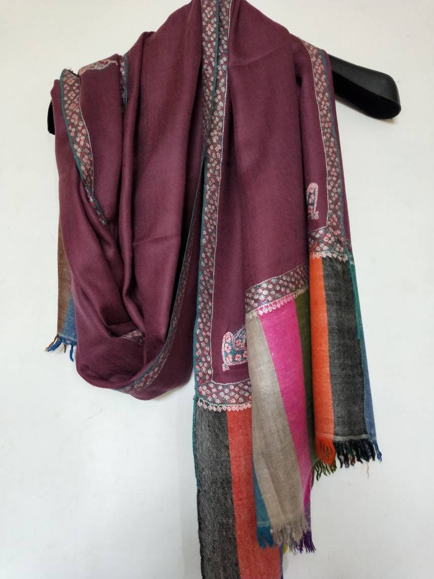 Handwoven and hand embroidered multicolor kani palla 100% pure Kashmir pashmina border embroidered shawl, evening scarf, meditation wrap.