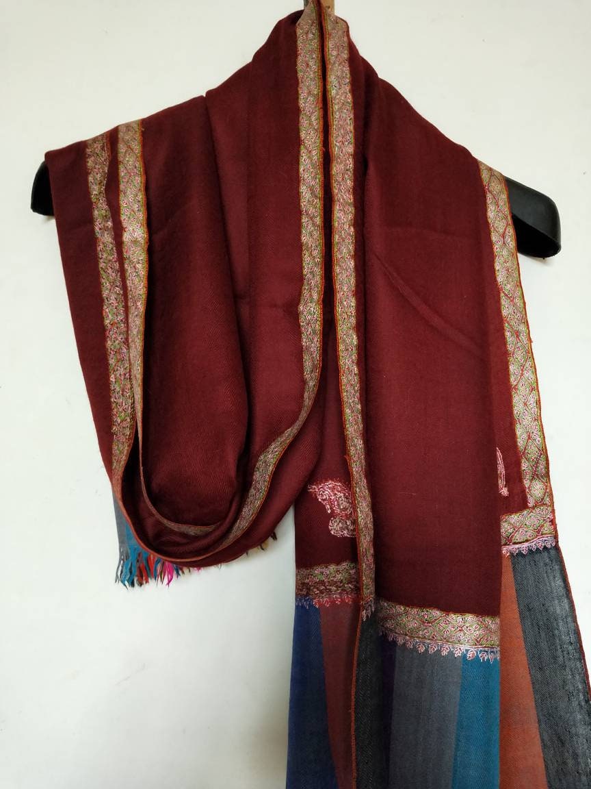 Handcrafted 100% pure multicolor palla burgundy maroon color pashmina shawl, bridesmaid gift, summer scarf, mantilla wrap border embroidery