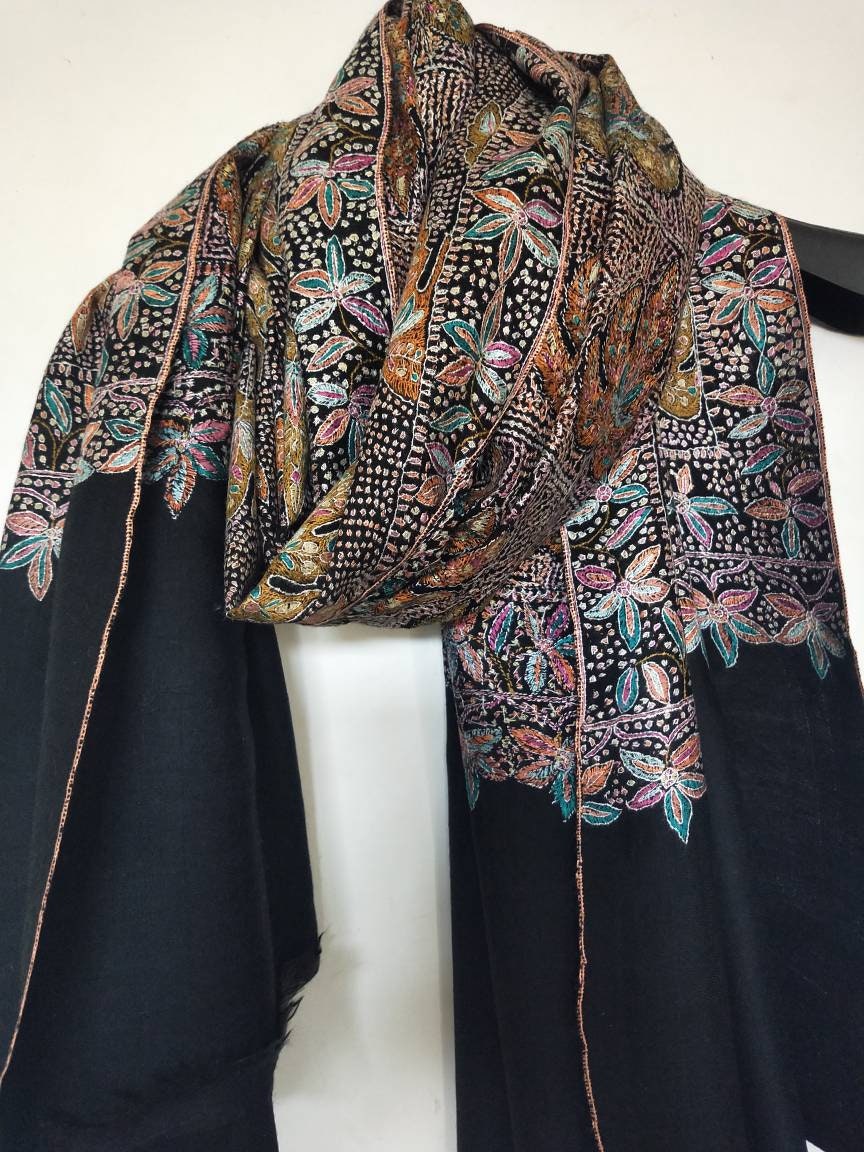 Handcrafted jamawar 100% pure black kashmiri shawl, bridesmaid scarf, anniversary gift, fashionable accessories, women shawl,christmas schal