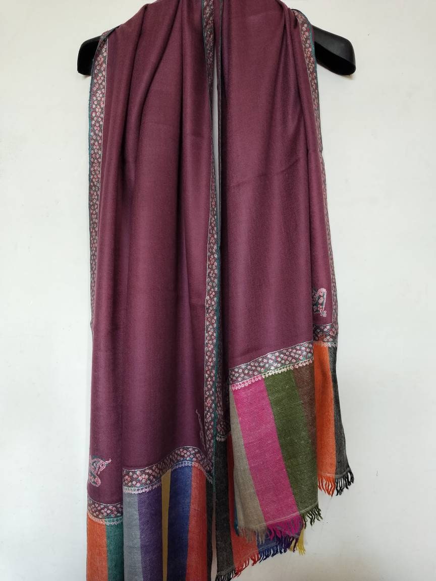 Handwoven and hand embroidered multicolor kani palla 100% pure Kashmir pashmina border embroidered shawl, evening scarf, meditation wrap.