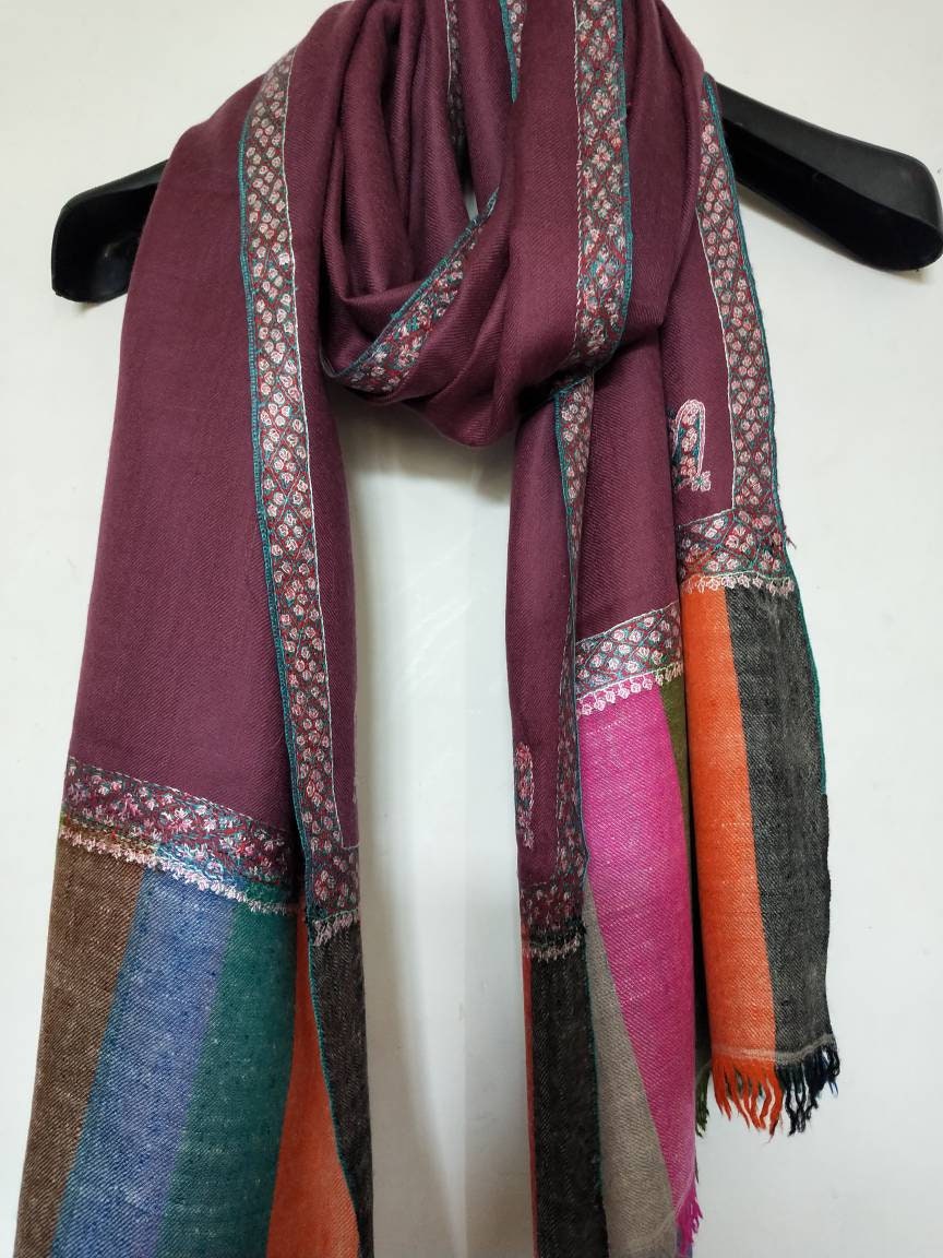 Handwoven and hand embroidered multicolor kani palla 100% pure Kashmir pashmina border embroidered shawl, evening scarf, meditation wrap.