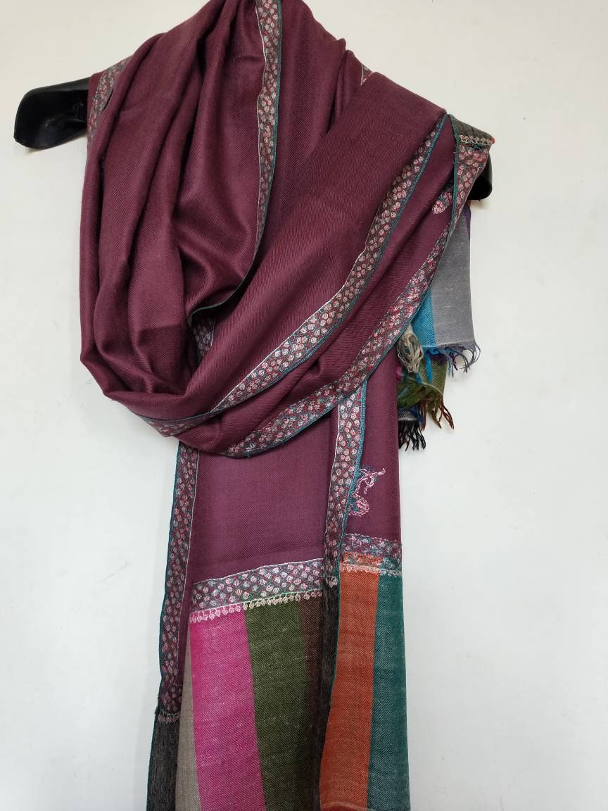Handwoven and hand embroidered multicolor kani palla 100% pure Kashmir pashmina border embroidered shawl, evening scarf, meditation wrap.