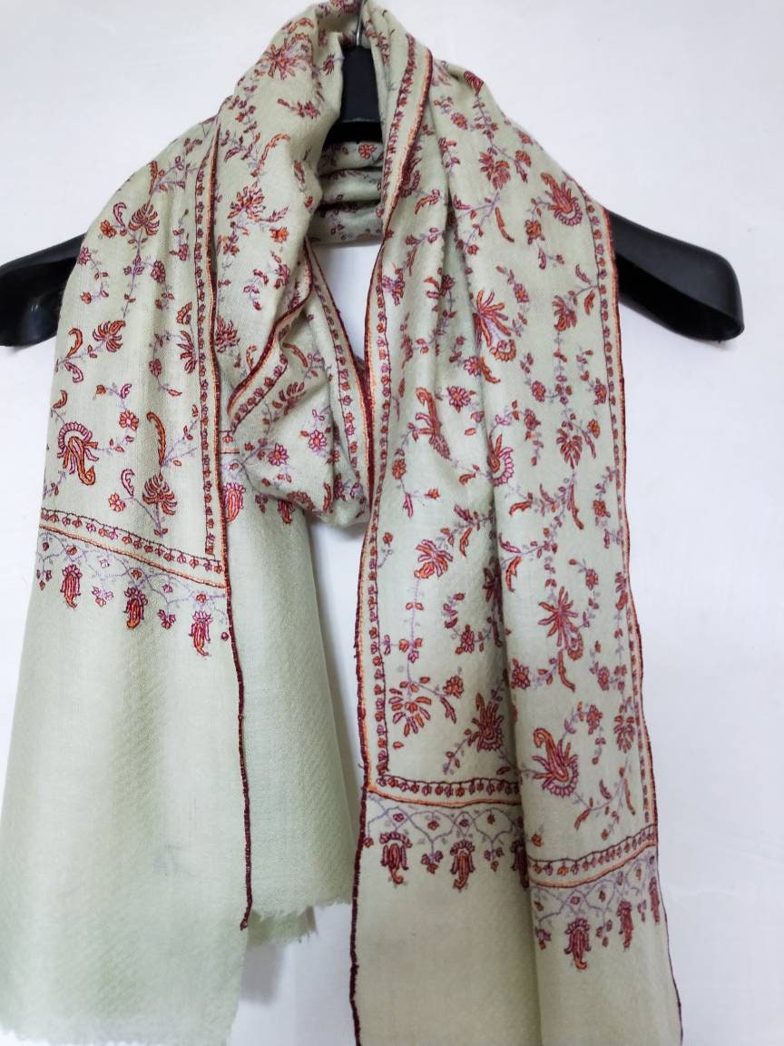 Hand weaved and hand embroidered 100% Cashmere tea green shawl, kashmiri pashmina, meditation scarf, mother's gift, floral design