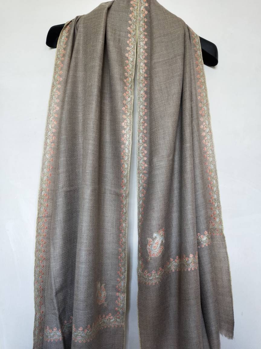 Handwoven sozni embroidered natural color kashmir pashmina shawl, wedding scarf, evening robe, anniversary super soft and luxurious wrap