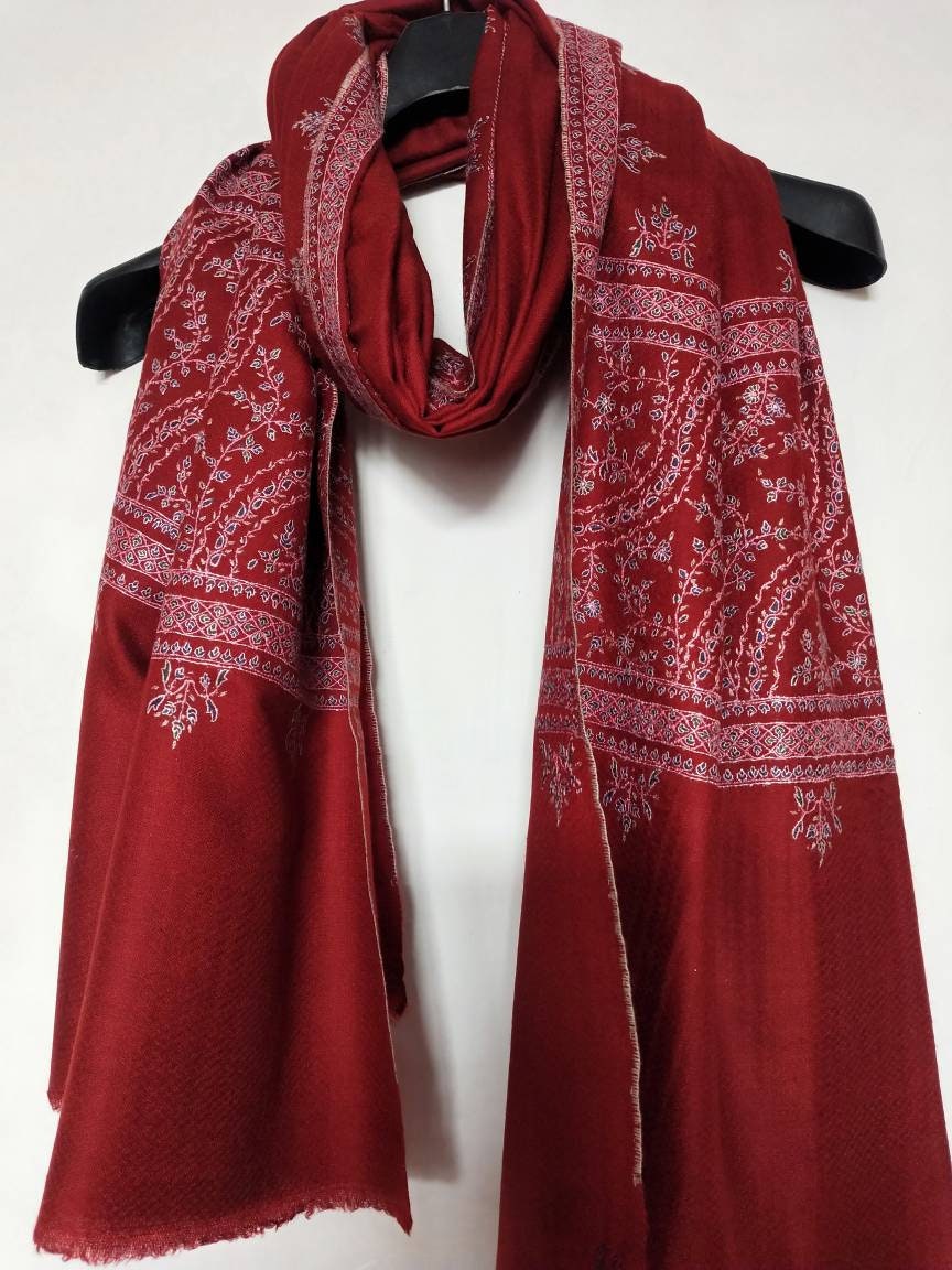 Handcrafted luxurious intricate sozni Palla embroidery on a maroon shawl, Gift that will last impression for decades, meditation big wrap