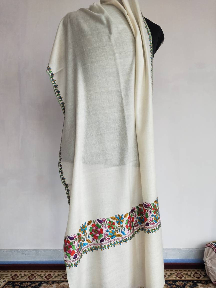 Handcrafted floral colourful sozni embroidery white kashmiri pashmina shawl, wedding scarf, anniversary gift, travel wrap,