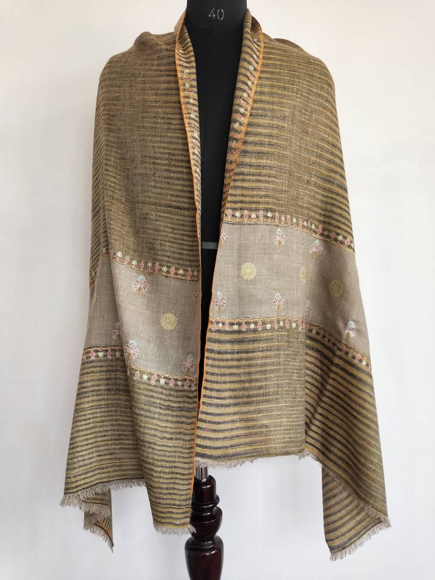 Ikat and sozni embroidery two different concepts go into making this masterpiece, original and unique kashmiri pashmina shawl,