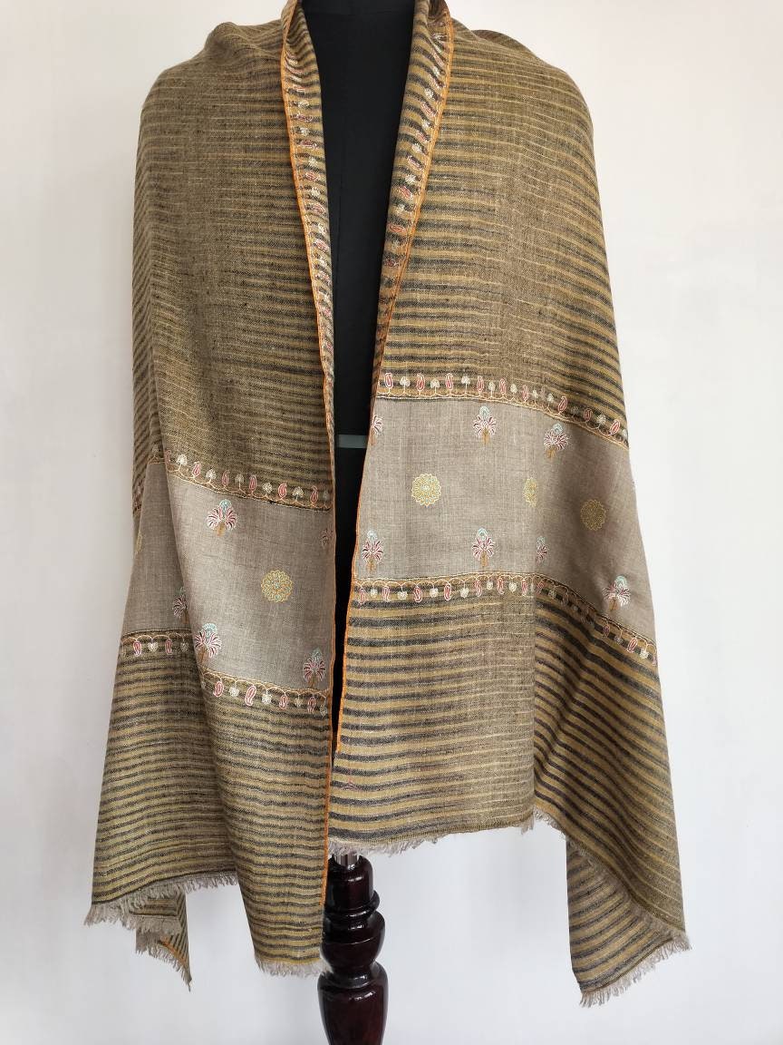Ikat and sozni embroidery two different concepts go into making this masterpiece, original and unique kashmiri pashmina shawl,