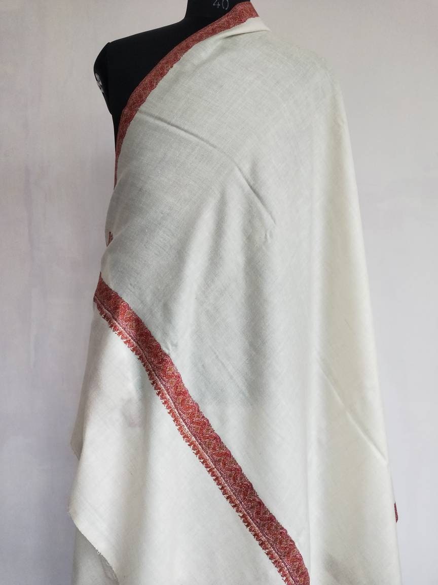 Ivory handcrafted original pashmina, women's wedding shawl, Sozni needle embroidery wide border wrap, large size 105 x 205 cm