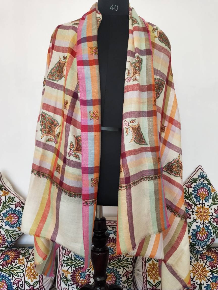 Sozni embroidered striped checkered multicolor Handmade Cashmere shawl, wedding shawl, anniversary wrap