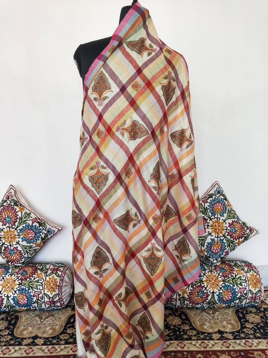 Sozni embroidered striped checkered multicolor Handmade Cashmere shawl, wedding shawl, anniversary wrap