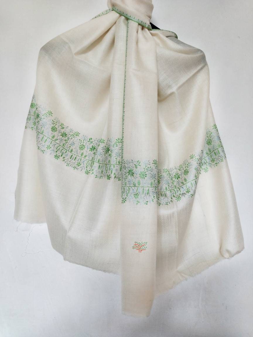 Hand woven Kashmiri pashmina heirloom tree motifs with rich and natural tones, any-occasion shawl, silhouettes party vibe oversized wrap.