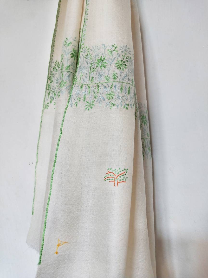Hand woven Kashmiri pashmina heirloom tree motifs with rich and natural tones, any-occasion shawl, silhouettes party vibe oversized wrap.