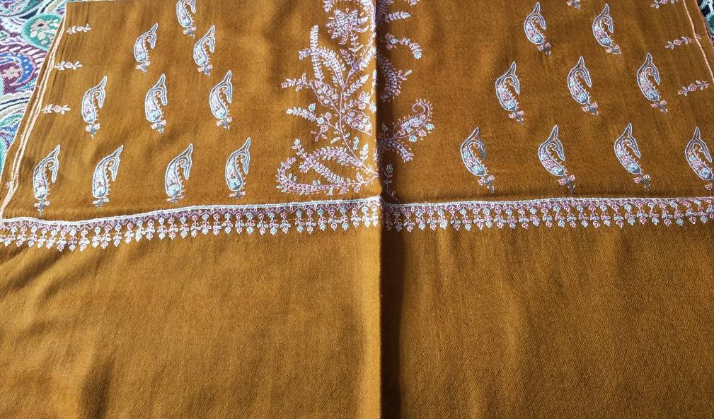 welcome to this amazingly beautiful, feather weight floral embroidery Cashmere pashmina mustard shawl, Extra large travel wrap
