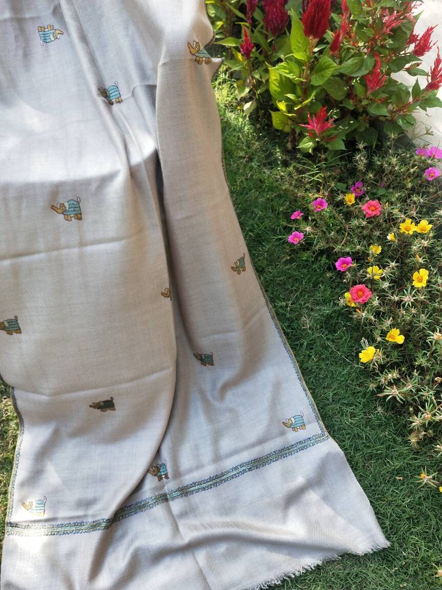 Handcrafted 100% pure kashmir pashmina elephant embroidered bootidar shawl, anniversary present, meditation fashion scarf Christmas gift