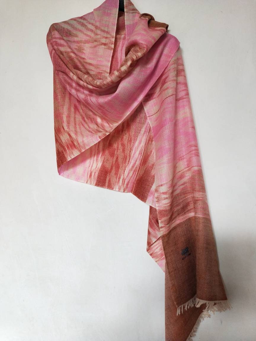Hand woven Kashmiri pashmina heirloom pink and maroon rich tone supersoft travel wrap, any-occasion shawl, silhouettes party vibe oversized