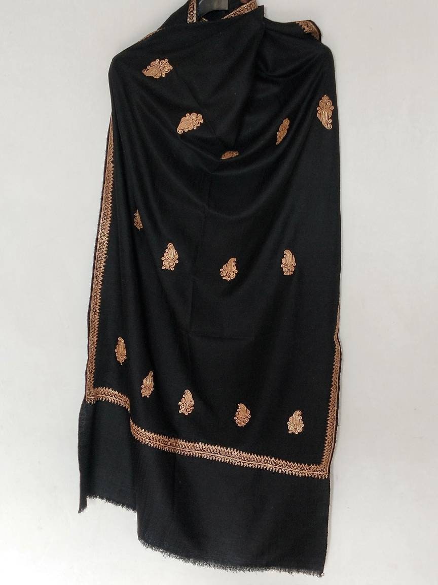 Hand woven Kashmiri pashmina heirloom black shawl with Golden tilla, any-occasion shawl, silhouettes party vibe oversized wrap 75 x 205 cm