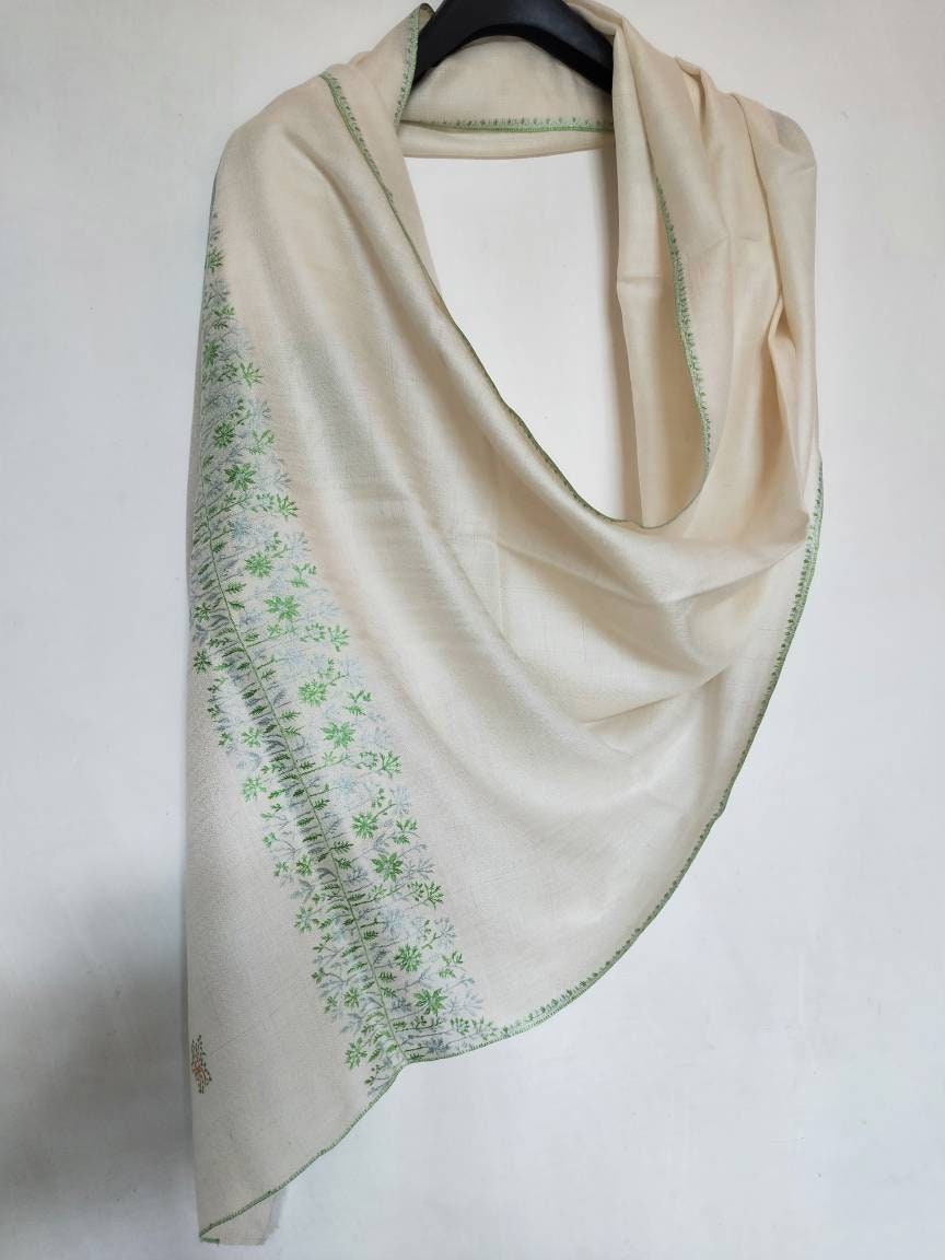 Hand woven Kashmiri pashmina heirloom tree motifs with rich and natural tones, any-occasion shawl, silhouettes party vibe oversized wrap.