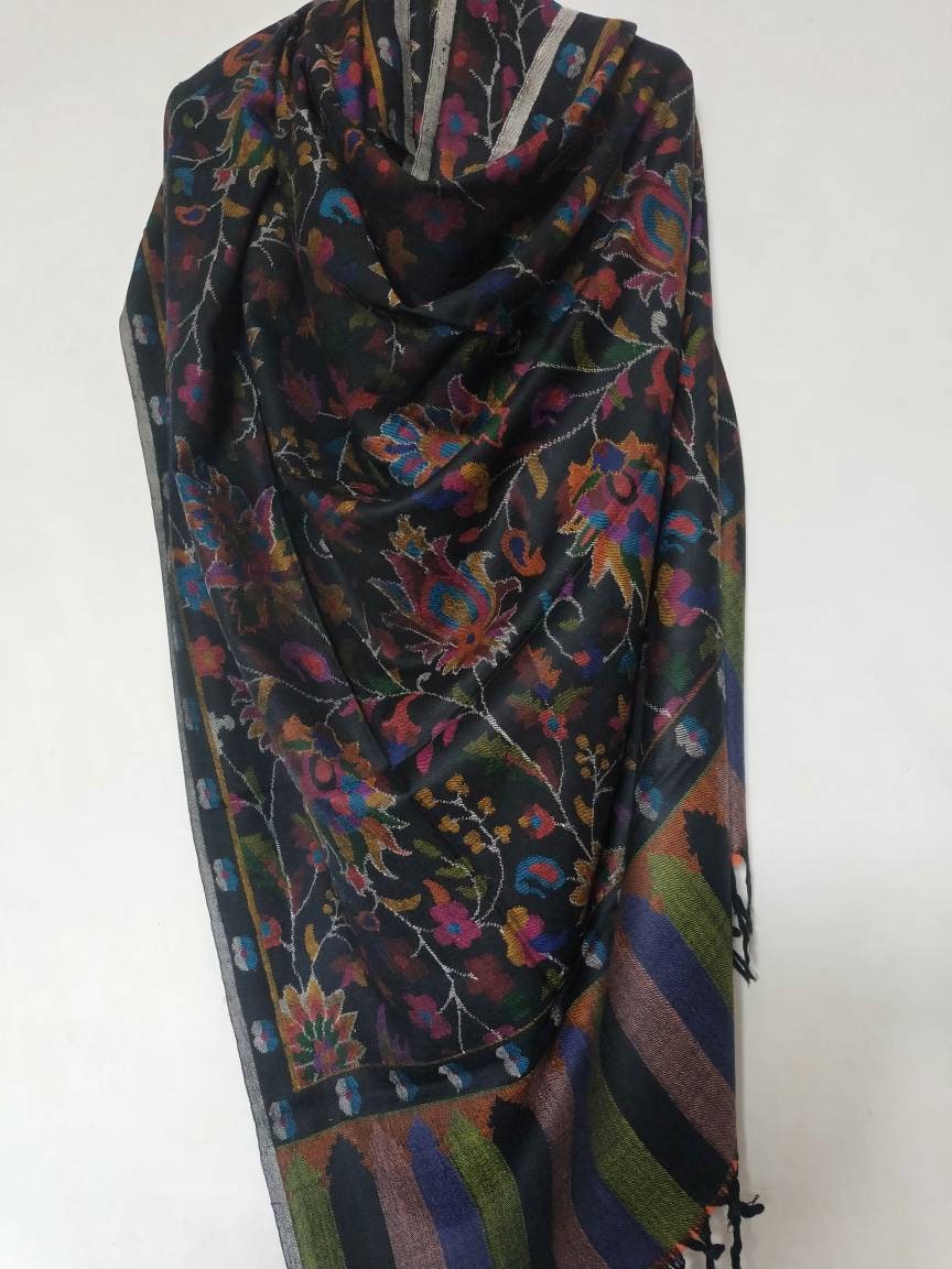 Premium and exquisite Handcrafted breathtaking Black Kani weave cashmere pashmina extra large wedding shawl, anniversary gift, thanksgiving