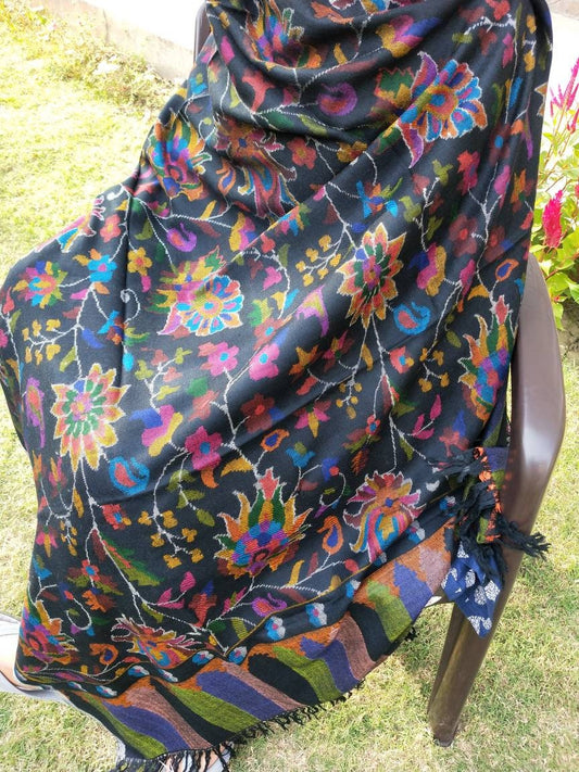 Premium and exquisite Handcrafted breathtaking Black Kani weave cashmere pashmina extra large wedding shawl, anniversary gift, thanksgiving