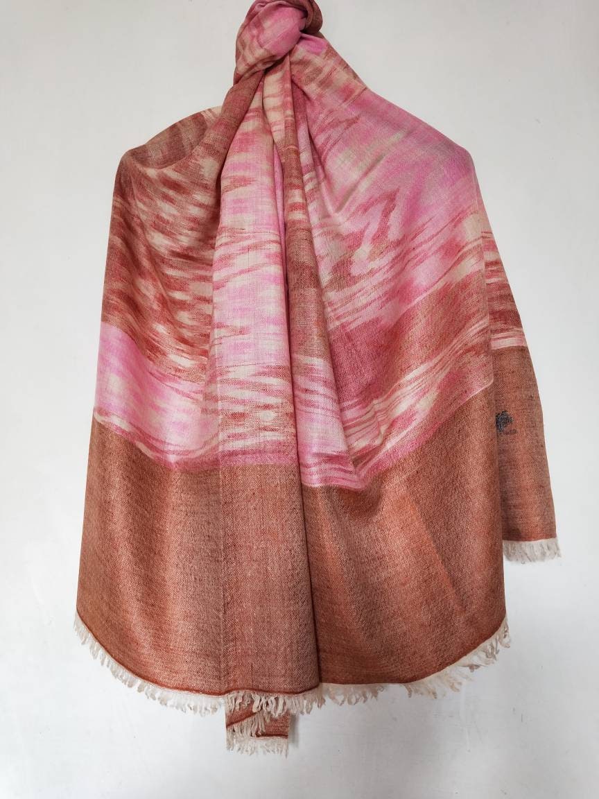 Hand woven Kashmiri pashmina heirloom pink and maroon rich tone supersoft travel wrap, any-occasion shawl, silhouettes party vibe oversized