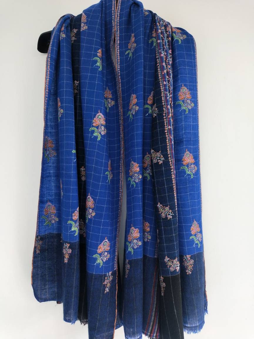 GI Pashmina, jamawar shawl, sozni embroidered blue wedding cashmere Large wrap, wedding scarf, christmas gift, valentine shawl, winter schal