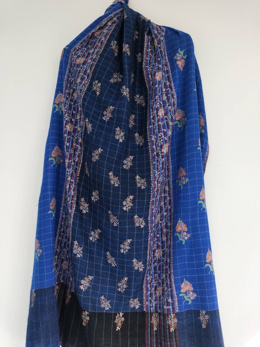 GI Pashmina, jamawar shawl, sozni embroidered blue wedding cashmere Large wrap, wedding scarf, christmas gift, valentine shawl, winter schal