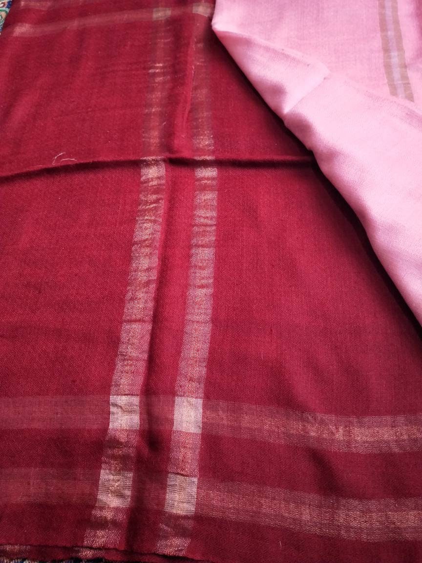 100% Cashmere burgundy  christmas Women Shawl, Quality Kashmiri shawl, Pashmina Fabric 2 ply  140 yarn count, Gold And Silver Zari Stripes