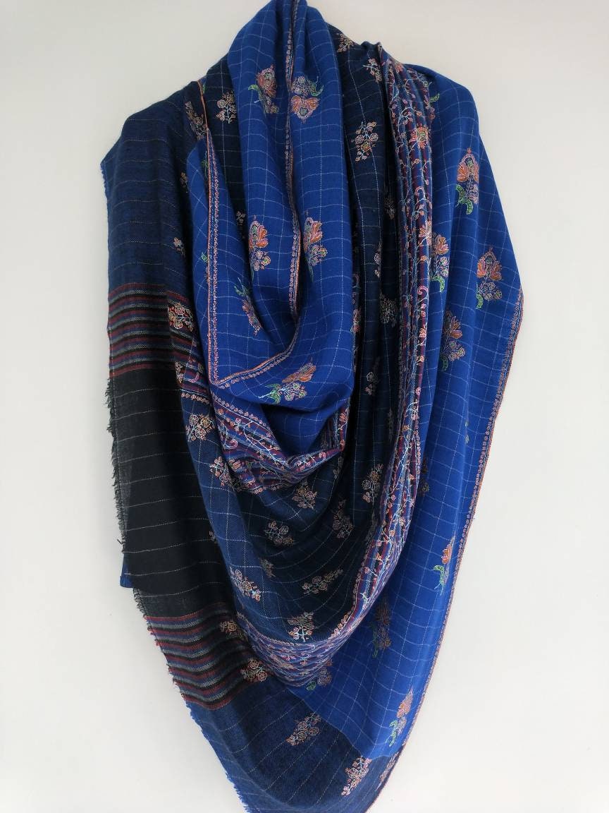 GI Pashmina, jamawar shawl, sozni embroidered blue wedding cashmere Large wrap, wedding scarf, christmas gift, valentine shawl, winter schal