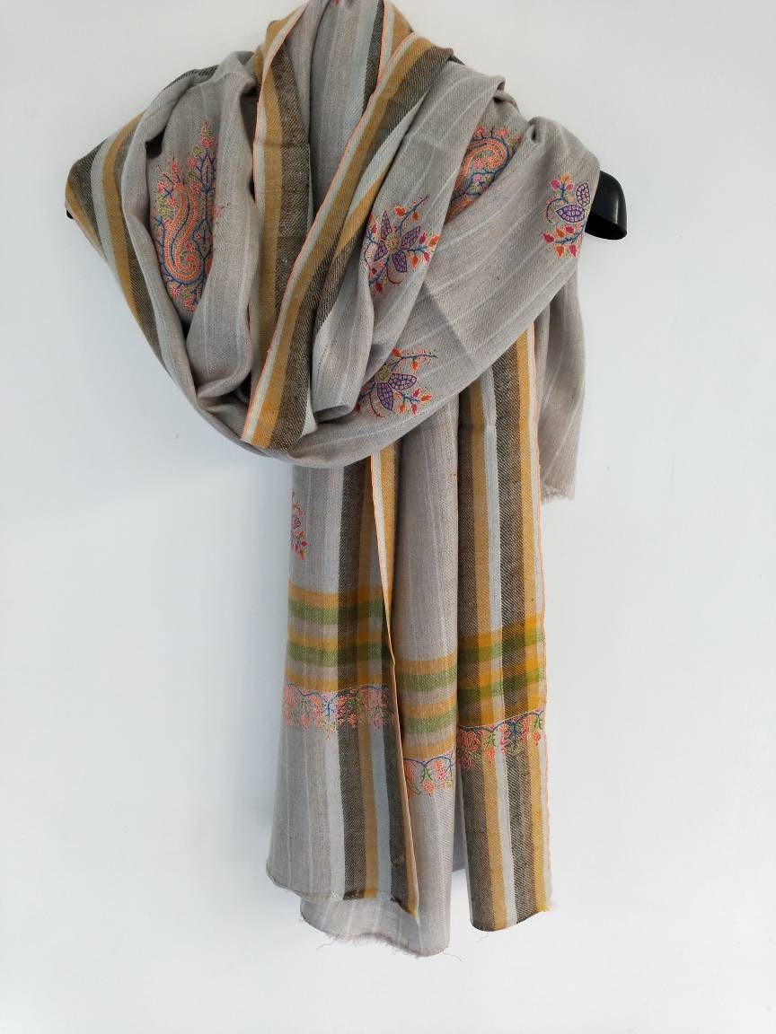 Sozni embroidered striped checkered multicolor Handmade Cashmere shawl, wedding shawl, anniversary wrap, christmas gift, girl friend's gift.