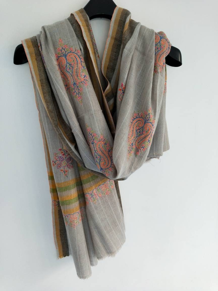Sozni embroidered striped checkered multicolor Handmade Cashmere shawl, wedding shawl, anniversary wrap, christmas gift, girl friend's gift.