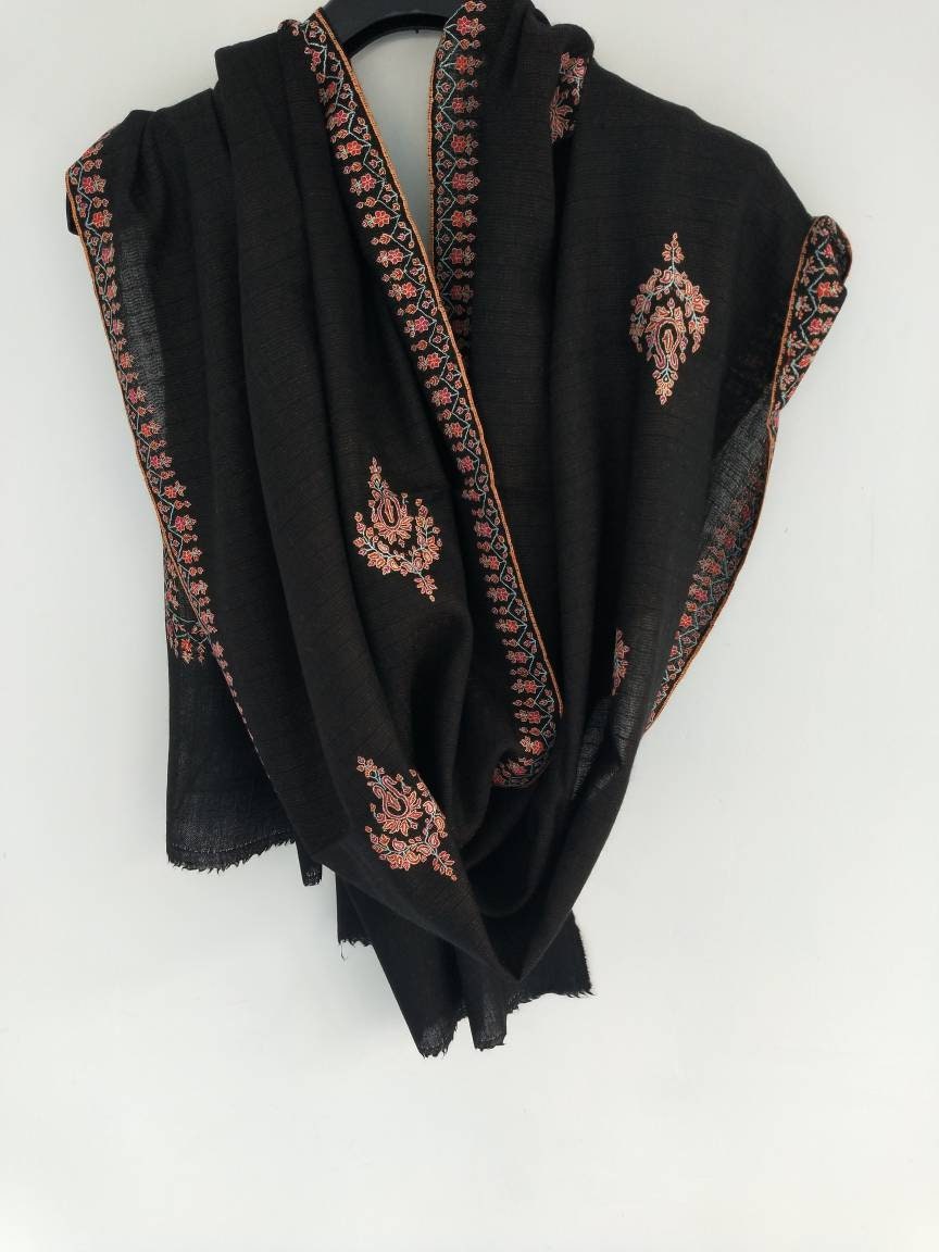 Premium and Niche black sozni embroidered wedding cashmere wrap, Christmas gift, Border and botah embroidered kashmiri pashmina shawl.